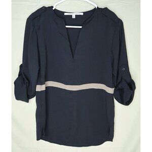 Collective Concepts Black Tunic Top V Neck Semi Sheer Roll Tab Sleeve Womens XS